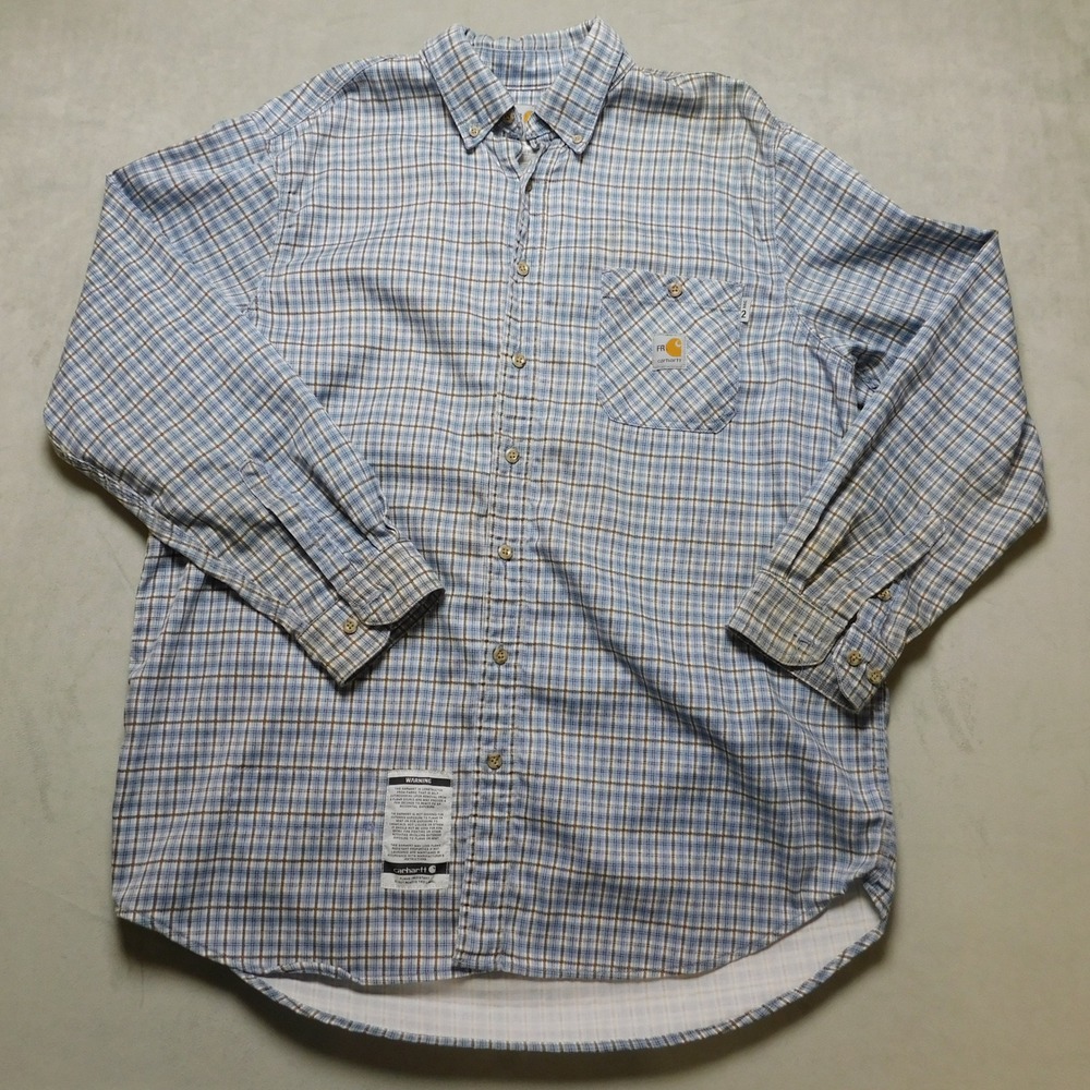 Carhartt FR Mens Flame Resistant Plaid Button Down Work Shirt Blue Brown 2XL